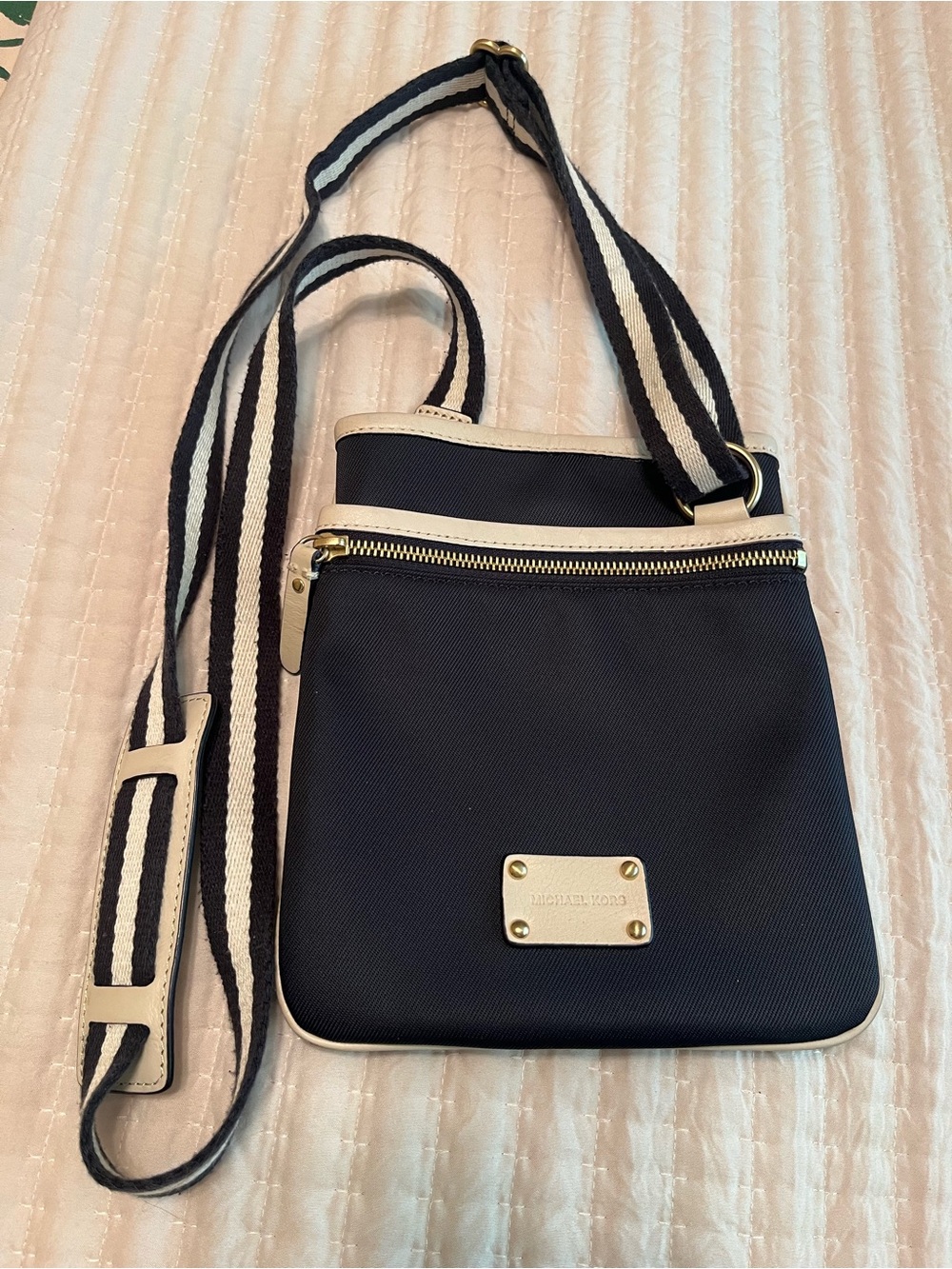 Michael Kors Navy Crossbody with Ivory Trim and Stripe Strap